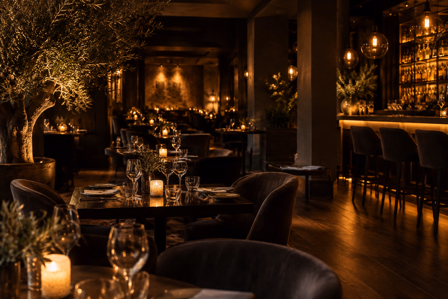أجواء مطعم بإضاءة دافئة